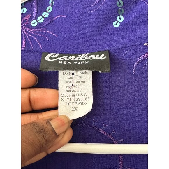 Womens Vintage Purple Sequin Embellished Button-Up Blouse Short Sleeve 2X - Picture 4 of 9